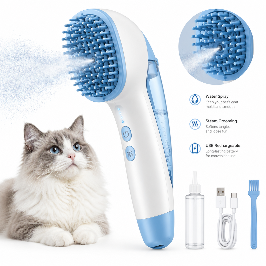 Electric Cat Steam Brush – 3-In-1 Pet Grooming Comb with Water Spray for Cats and Dogs, USB Rechargeable
