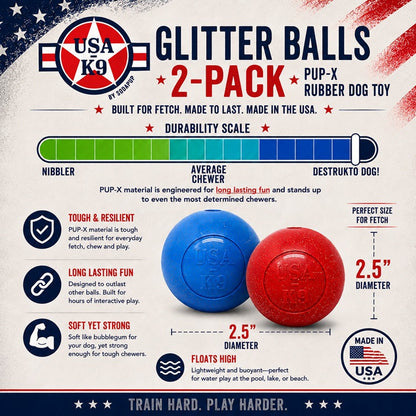 Glitter Ball 2-Pack Dog Toy | Soft Rubber Floating Fetch Ball with Treat Dispenser | USA Made